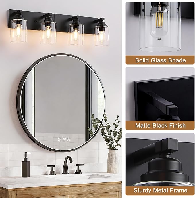 Black Bathroom Light Fixture, 4 Light Matte Black Vanity Light, 27.5" Modern Bathroom Lighting Fixtures Over Mirror, with Clear Glass Shade, Vanity Lights for Bathroom Bedroom Hallway