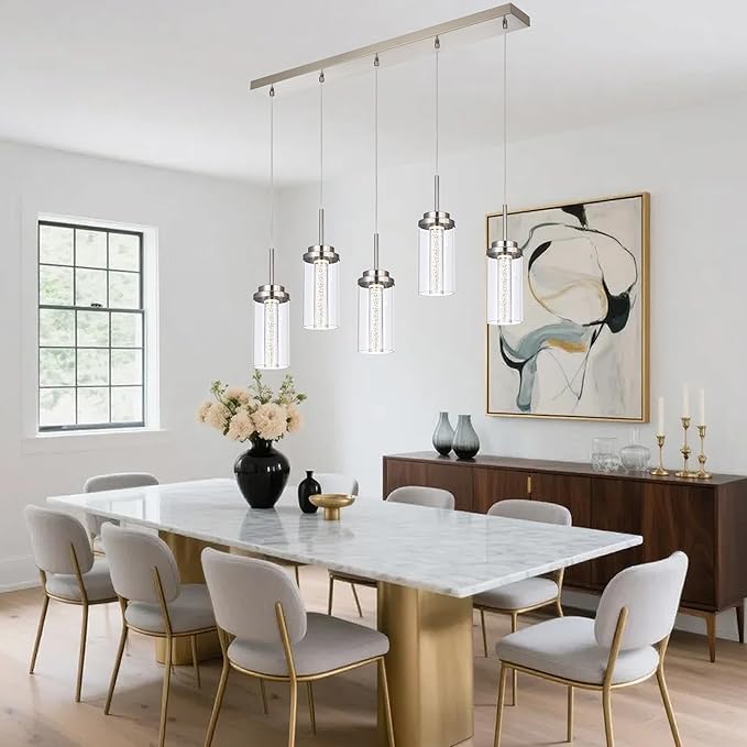 MELUCEE 5-Lights Led Chandelier, Kitchen Island Lighting Brushed Nickel Linear Chandelier with Clear Glass Shade, Large Pendant Lighting for Dining Room Over Table, 3000K-6000K Adjustable, 25W