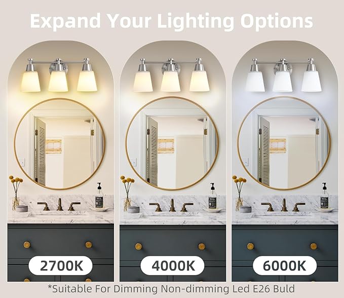 3-Light Bathroom Vanity Light, Brushed Nickel Finish with Milk Glass Shades, Over Mirror, for Bathroom Vanity