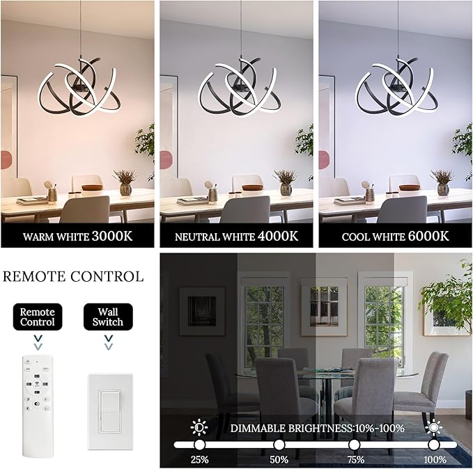 Black Modern Sputnik Chandelier with Remote Control, 44W 3-Color Temperature Dimmable LED Chandelier for Dining Room, Hanging Adjustable Pendant Light for Living Room Kitchen Foyer Entryway