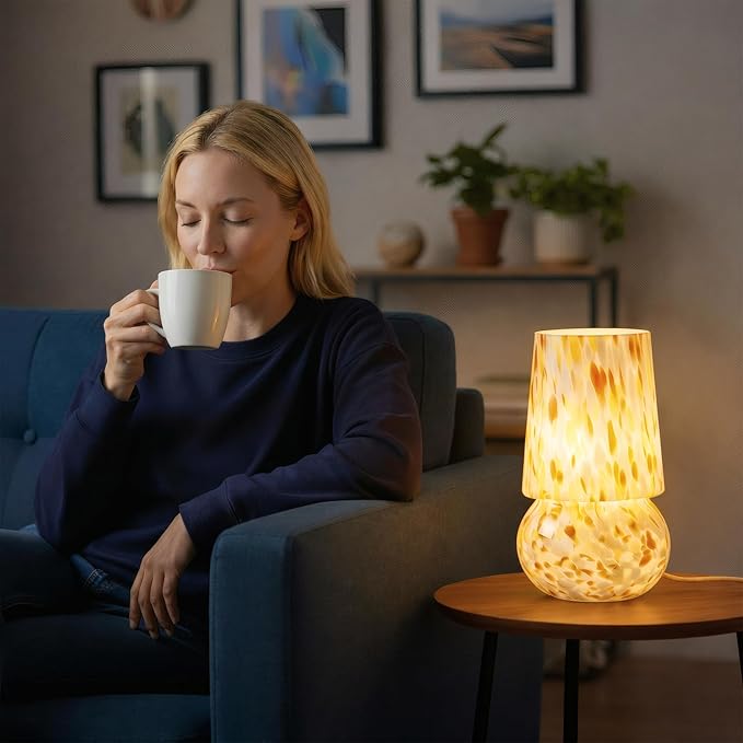 9.8 Inch Mushroom Table Lamp, UL Listed Dimmable Small Desk Bedside Lamp with Woven Beige Cord, Handcrafted Pattern, Murano Home Decor for Bedroom, Living Room, Entryway, Cream Gold, No Bulb Included