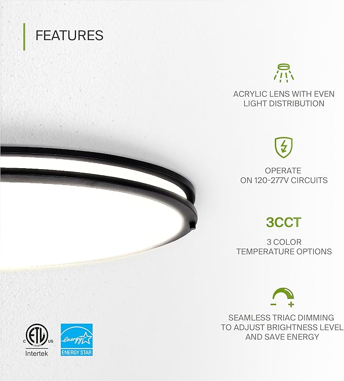 ASD LED 32" Oval Flush Mount Lighting, Close to Ceiling Light Fixture | 3CCT, Dimmable, Energy Star, ETL Listed | 45W 3750LM 3000-5000K 100-277V | Low Profile Double Ring Lamp | Black, 2 Pack