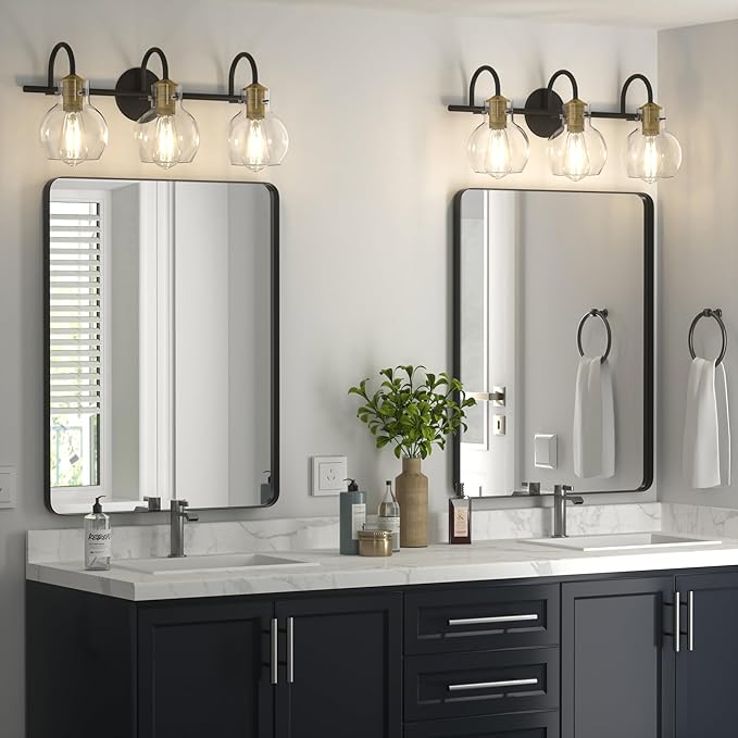 3 Light Bathroom Vanity Light, Brushed Gold and Black Vanity Lighting Fixtures, Bathroom Wall Mounted Sconces Vanity Lights Over Mirror with Globel Glass Shade, E26 Base