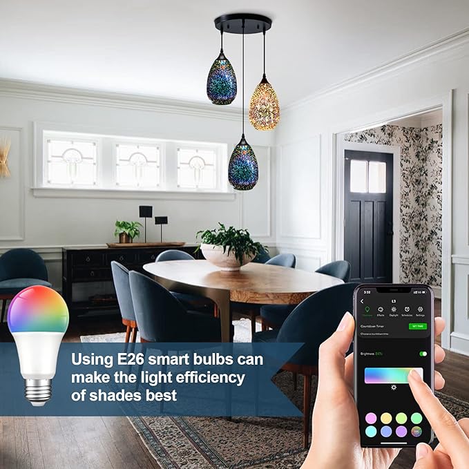 Yisuro Modern 3D Pendant Lights Kitchen Island 3 Pack, Farmhouse Colorful Glass Pendant Light with Clear Globe Shade, Kitchen Island Lighting for Dining Room Entryway, 7.8-inch Diameter