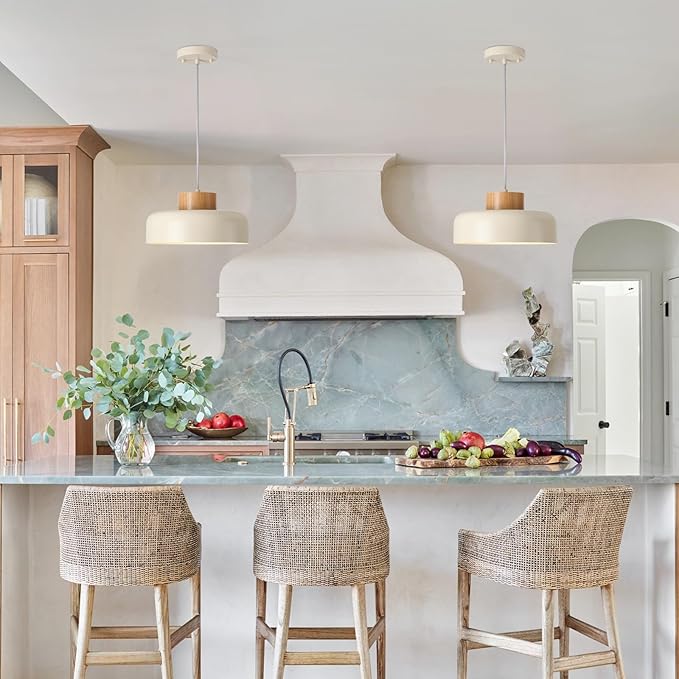 Modern Pendant Lights,12.6 inch,Natural Wood Cap,Simple Hanging Light Fixture for Kitchen Island,Dining Room