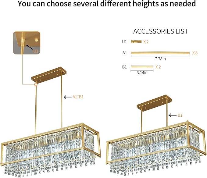 LMQNINE Modern Rectangle Chandelier for Dining Room, Gold Crystal Chandelier Linear Light Fixture, Farmhouse Chandeliers for Kitchen Island, Bar Table, L35.43'' x W11.81'' x H9.84''