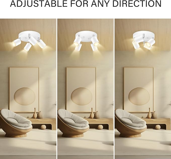 BoostArea LED 4 Light Track Lighting Kit, LED Track Lighting Fixtures, White Round Ceiling Spot Lighting, Flexibly Rotatable Light Head for Kitchen, Living Room, Bedroom, GU10 Bulb Not Included
