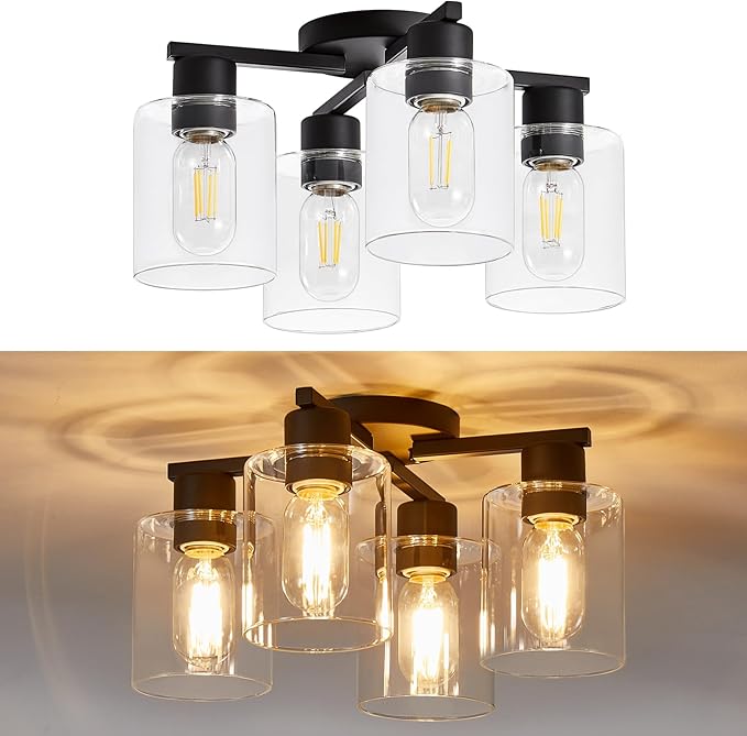 YYT Semi Flush Mount Ceiling Light Black 4-Light Kitchen Ceiling Light fixtures Kitchen Lighting Fixtures Cieling with Glass Shade for Bedroom Foyer Dinning Room