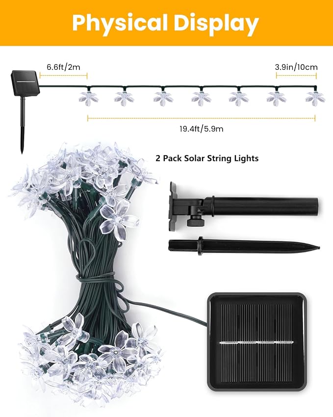 Brightown 2 Pack Total 52FT 120 LED Solar String Lights Flower Outdoor Waterproof Fairy Lights for Garden Yard Fence Patio Christmas Tree Wedding Party Decor, Warm White