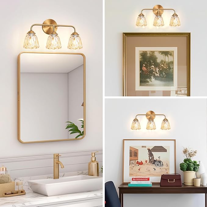 Daunton Vintage 3 Light Vanity Light, Gold Bathroom Vanity Light, Bathroom Light Fixtures with AmberGlass Shade, Antique Vanity Light Fixtures Over Mirror, Wall Sconce for Bedroom, Living Room