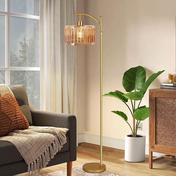 QIYIZM Glass Floor Lamp for Living Room,Bedroom,Gold Dimmable Standing Lamp with Remote,Mid Century Modern Brass Tall Lamp Boho Vintage Retro Floor Lamps Arc Amber Flower Floor Light Lamp Bohemian