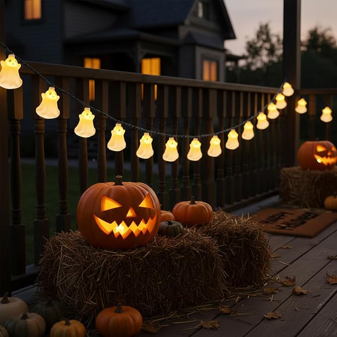 Halloween Ghost Lights,8.5Ft Halloween Fairy Decorations Lights with 10 LED White Ghost Lamp Waterproof UL Listed for Indoor Bedroom Patio Backyard Camping Desk Party Decor