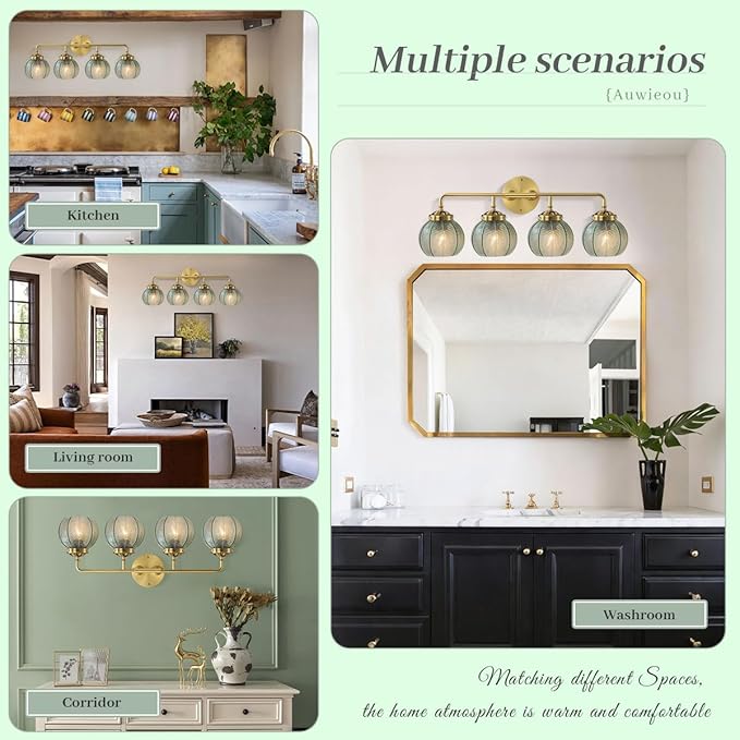 4-Light Vintage Bathroom Vanity Lights – Gold Wall Sconce with Green Glass Shades, Mid Century Modern Art Deco Lighting for Mirror, Living Room, Bedroom