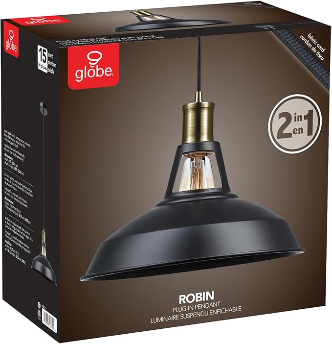 GLOBE Electric 65712 Robin 1-Light Plug-in or Hardwire Pendant, Satin Black, Antique Brass Accents, 15ft Black Woven Fabric Cord, in-Line On/Off Rocker Switch