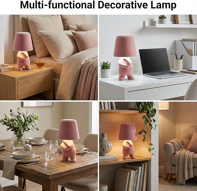Bedside Touch Control Table Lamp, Golden Decor Thinker Statue LED Table Lamp with USB Port, 3 Way Dimmable Modern Night Light Nightstand Lamp for Home Living Room Office Shelf Decor (Pink-A)