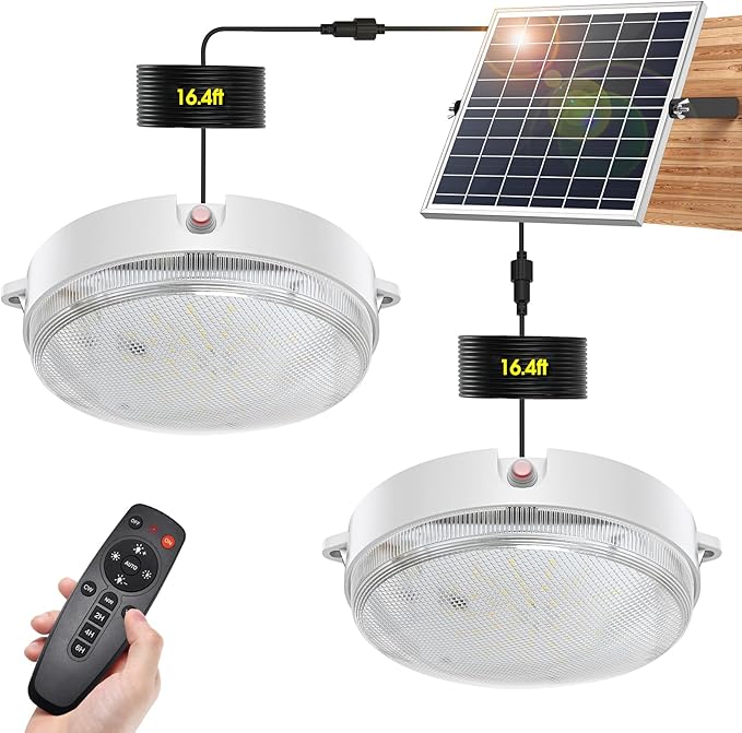 Solar Shed Lights Indoor Outdoor 2 Pack, Brighter & Tricolor & Daytime Ceiling Light with ON/Off Switch & Remote, Dimmable Waterproof Solar Barn Light for Porch, Shop, Stable, Carpot