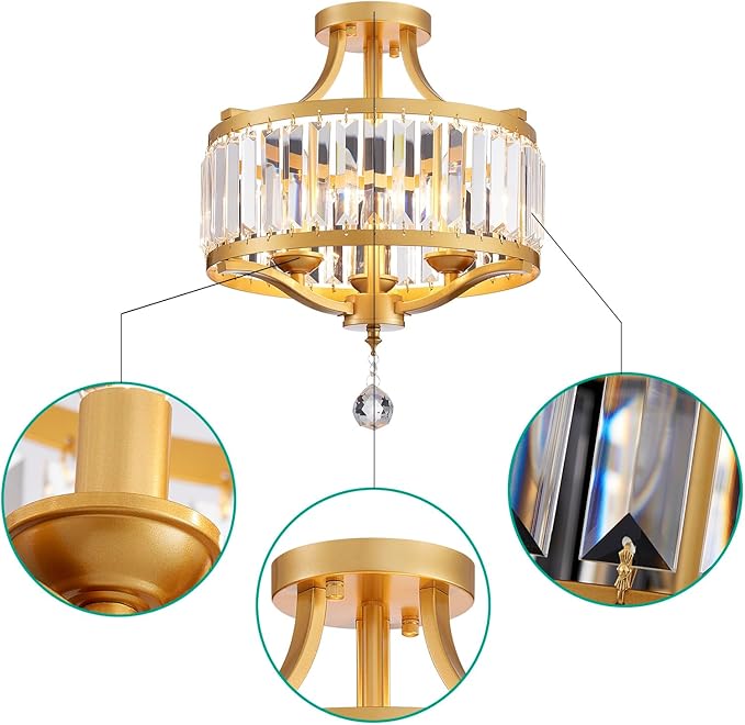 Modern 3-Light K9 Crystal Chandelier Ceiling Light, Handmade Crystal Gold Ceil Light Fixture for Dining Room, Living Room, Bedroom, Gold Frame, E12 Socket, D13inch*H17inch