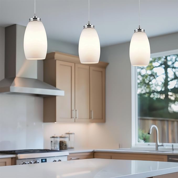 Kira Home Coast 9" Set of 2 Modern Mini Pendant Light with Frosted Glass Shades, Brushed Nickel Hanging Light with Satin White Oval Glass, Brushed Nickel Finish