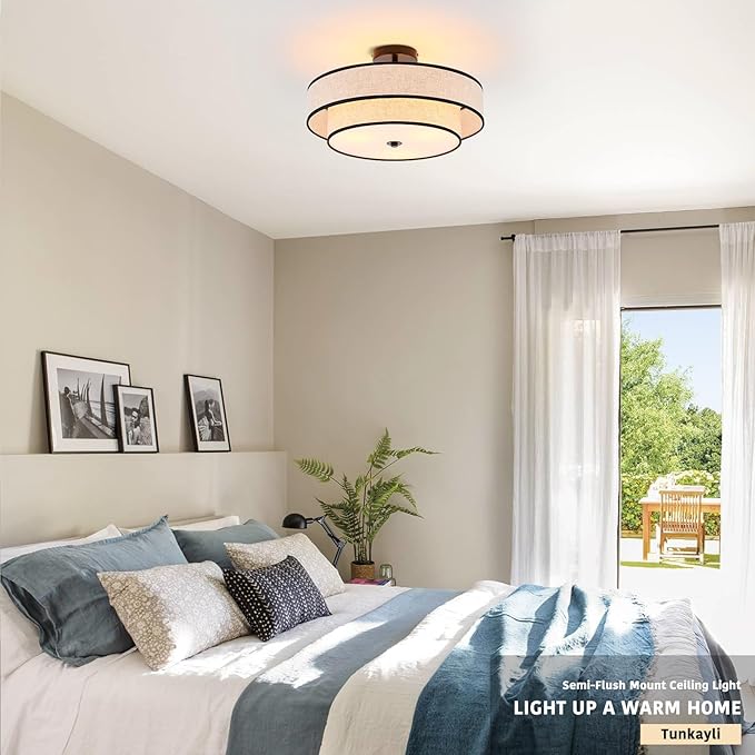 3-Light Drum Semi Flush Mount Ceiling Light, 18" Modern Black Ceiling Lighting Fixture, Vintage 2-Tier Linen Ceiling Lighting for Living Room, Bedroom, Kitchen, Dining Room, Hallway, Entryway