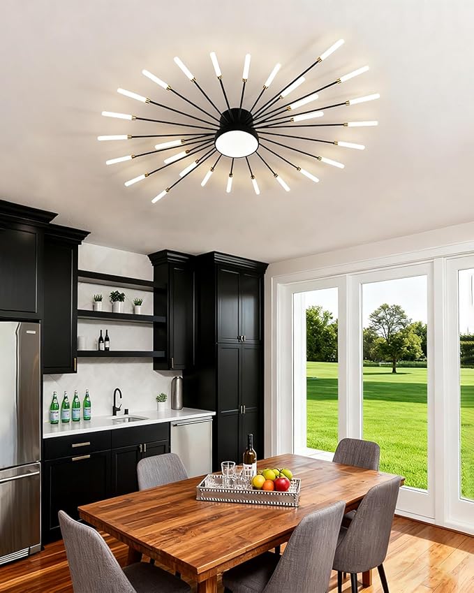 Modern Firework Ceiling Lamp, 29 Lights Metal Black Sputnik Flush Mount Ceiling Light Fixture, 40W LED Flower Chandeliers Lighting Fixture for Farmhouse Kitchen Dining Room Bedroom Living Room