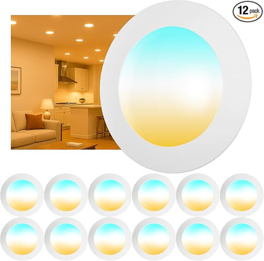 12 Pack 6 Inch LED Disk Lights, Dimmable Flush Mount Ceiling Disc Lights, 2700K/3000K/3500K/4000K/5000K 5CCT Selectable, 14.8W, 1150LM, UL/FCC/Energy Star, Installs with J-Box or Recessed Can