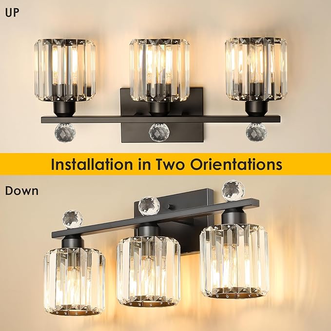 3-Light Black Modern K9 Crystal Vanity Lights, Black Bathroom Light Fixtures Stainless Steel Crystal Vanity Light Fixture