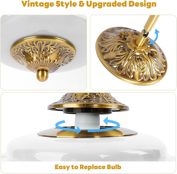 9in White Milk Glass Ceiling Light, LED Bulb Included, Vintage Schoolhouse Semi Flush Mount Pendant Light Art Deco Chandelier for Kitchen Dining Room Hallway Bedroom, Antique Gold & White