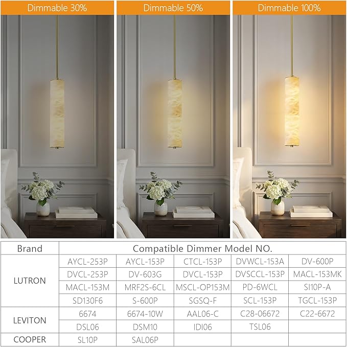 LMQNINE Natural Alabaster Pendant Lights White Marble 15" Long Tube Adjustable Boom Chandelier Modern 3000K Gold Ceiling Light for Kitchen Island Bedroom Dining Room Living Room Hallway(S-1Pack)