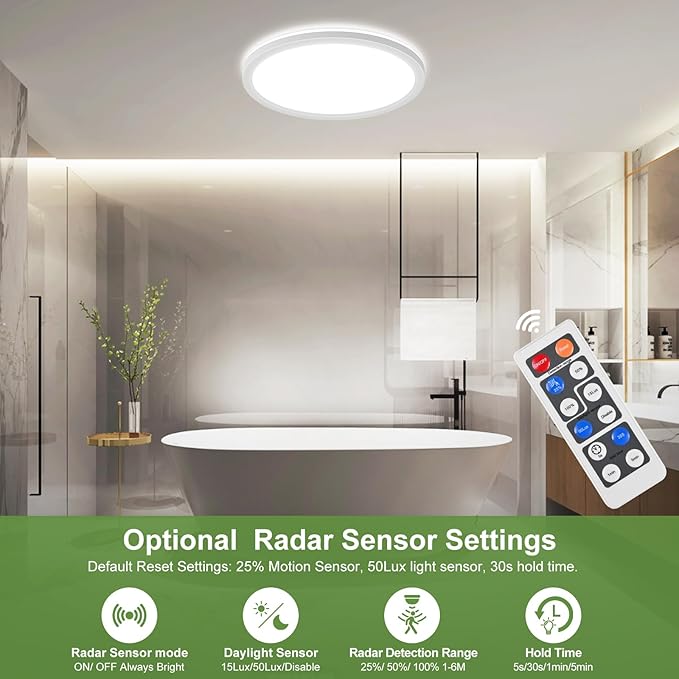 LEZOE 18W Motion Sensor LED Ceiling Light dimmable with Remote, 1800lm 8.7Inch 3000K/4000K/6500K Flush Mount Lighting Fixture, Radar Motion Activated Ceiling Lamp for Hallway Porch Stair Closet White