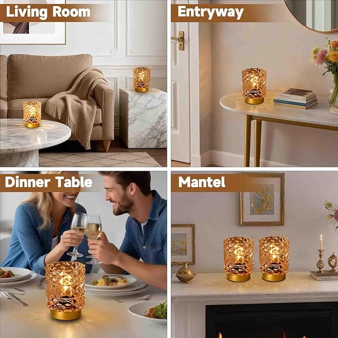 Battery Operated Lamp with Timer, Cordless Table Lamps for Shelf Decor, Rhombus Texture Aesthetic Crystal Lamp, Small Decorative Lamps for Bedroom/Bathroom/Kitchen/Entryway/Dorm (2 Pack Yellow)