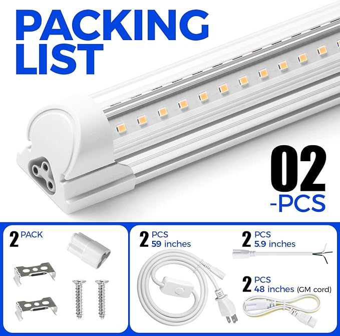 Barrina LED Shop Light 2FT, 20W 3000LM 3000K, Clear Cover Linkable Tube Lights, V Shape Integrated T8 LED Lighting, Ceiling Lights for Garage, Warehouse, Workshop, ETL Listed, 2 Packs