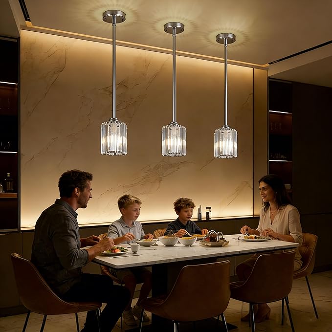 Pendant Lights Kitchen Island 3 Pack, Adjustable High Brushed Nickel Modern Crystal Mini Chandelier Ceiling Hanging Pendant Light Fixtures for Kitchen Hallway Dining Room Bedroom