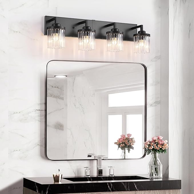Modern Crystal Bathroom Light Fixtures, 4 Light Black Farmhouse Vanity Lights, with Crystal Glass Shade, Industrial Bathroom Lighting Fixtures Over Mirror Wall Light for Bedroom Living Room