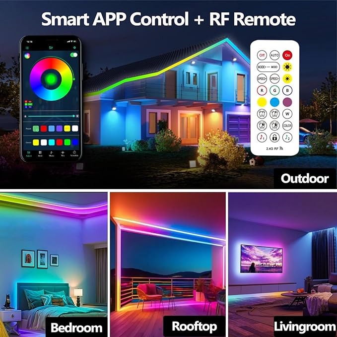 100FT Outdoor LED Strip Light Waterproof,IP68 Outside RGB Light Strip with App/Remote Control,Chase Mode,Music Sync Rope Light for Balcony,Deck,Rooftop,Garden,Pool