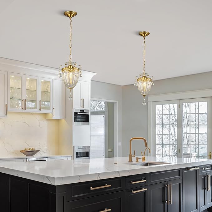 Modern Chandelier, Gold Chandelier Crystal Pendant Lights Small Chandelier Light Fixture, Crystal Chandeliers for Living Room Dining Room Kitchen Entryway (2 Pack)