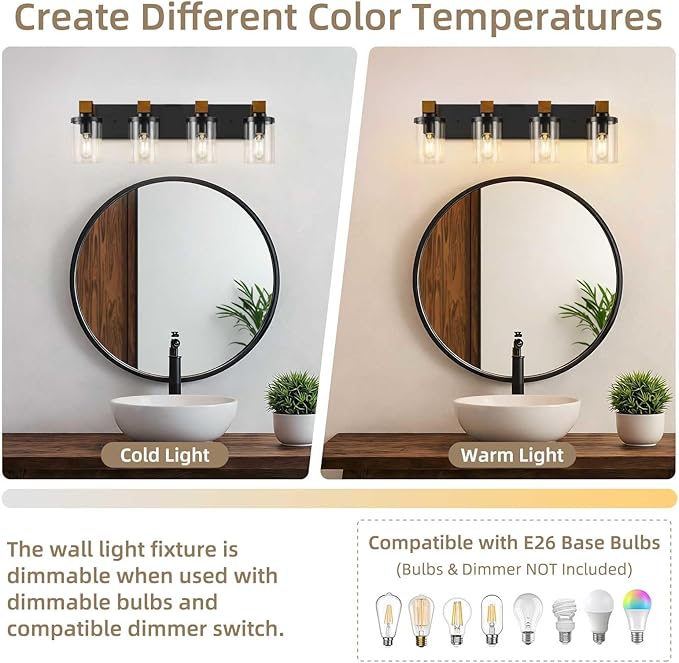 4-Light Farmhouse Bathroom Light Fixtures, Wood Matte Black Vanity Lights Over Mirror with Clear Glass Shades, Rustic Bathroom Lighting Wall Mounted Lamps for Living Room, Cabinet, Porch