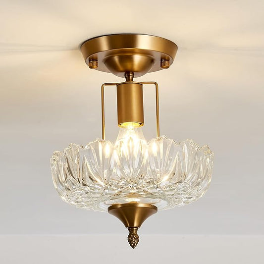 UOFUS Vintage Gold Semi Flush Mount Ceiling Light Fixture with Clear Glass Shade Antique Brass Small Chandelier Flower Close to Ceiling Light for Hallway Entryway Bedroom Porch Foyer Corridor Kitchen