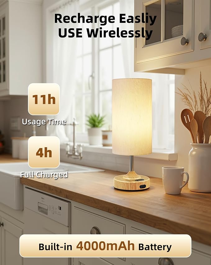Rechargeable Table Lamp, 2-Pack, Ambient Light, Dimmable, 2700K, Timer, Touch Control, Portable, LED, Wireless, Cordless e, Battery Operated, Desk Lamp, Kitchen Lamp, Fabric Shade, Wood-Grain Finish