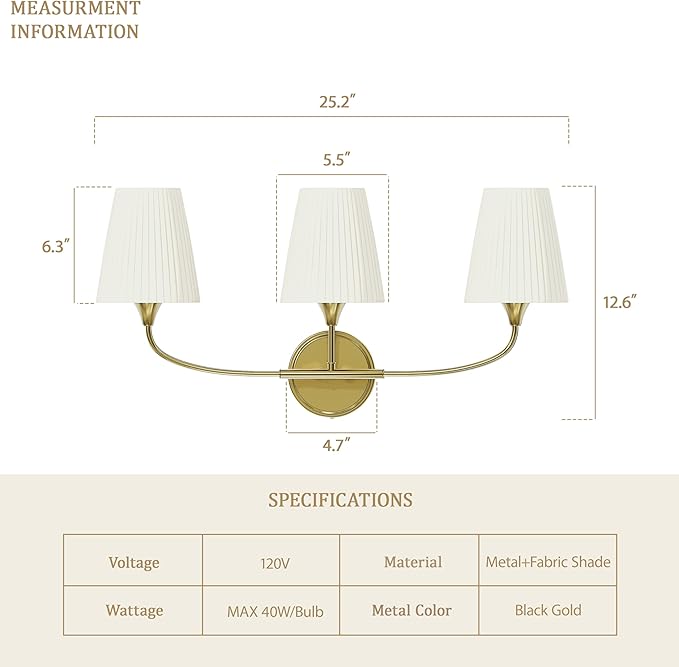 Bathroom Light Fixtures Over Mirror, 3 Light Vanity Light for Bathroom, Gold Vanity Light Fixtures with Flared Ivory White Fabric Shade, E26 Socket Modern Sconce Wall Decor(ETL Listed)
