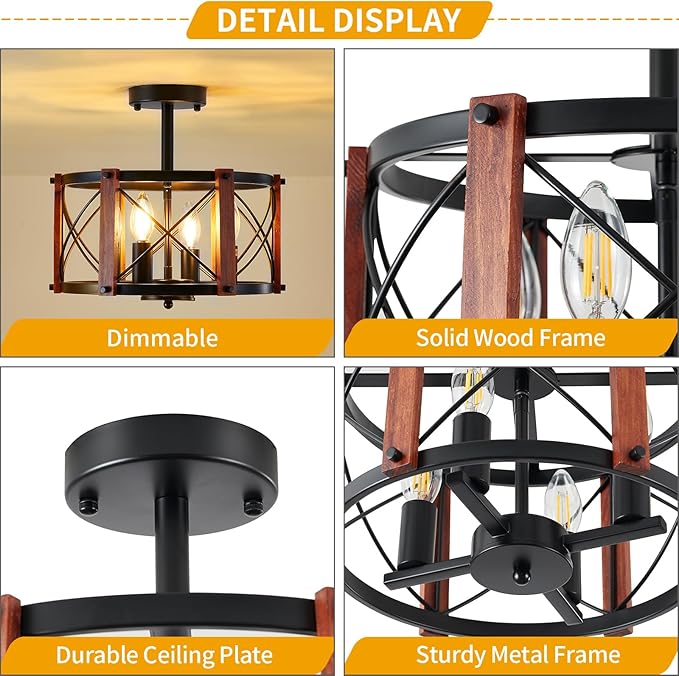 4-Light Farmhouse Wood Semi Flush Mount Ceiling Light, Black Hallway Light Fixtures, Rustic Industrial Close to Ceiling Light Fixtures for Kitchen Entryway Laundry Dining Room Ceiling Light Fixture