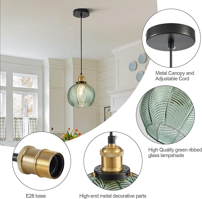 7.8in Vintage Pendant Light 3-Light Kitchen Sink Pendant Lights with Green Hand Blown Glass Small Hanging Lamp for Kitchen Island Dining Room Bedroom Bathroom Hallway E26