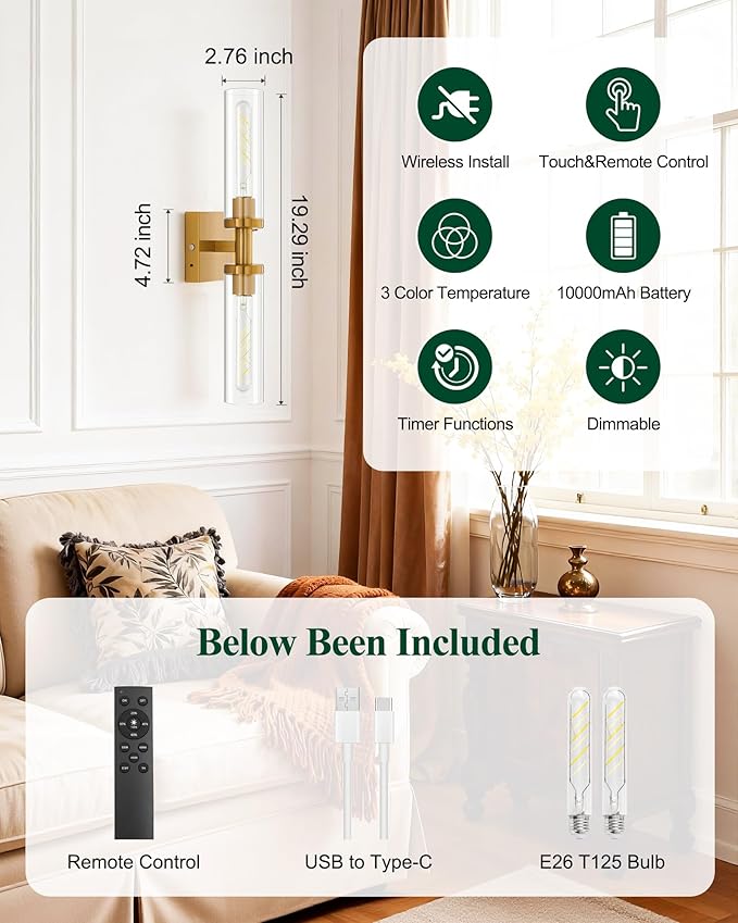Gold Wireless Battery Operated Wall Sconces Set of 2，Glass Rechargeable Wall Lamps with Remote, Cordless Battery Powered Decor Lights Fixture for Bathroom Living Room Bedroom Hallway Entryway