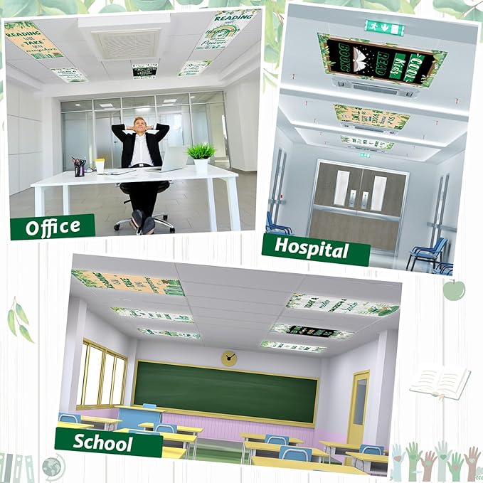 8 Pack Fluorescent Light Covers with 80 Magnets Decorative for Classroom Ceiling Light 4 x 2 Feet Magnetic Covers Filter Easy Install for Office School Home Drop Ceiling Supplies(Eucalyptus Reading)