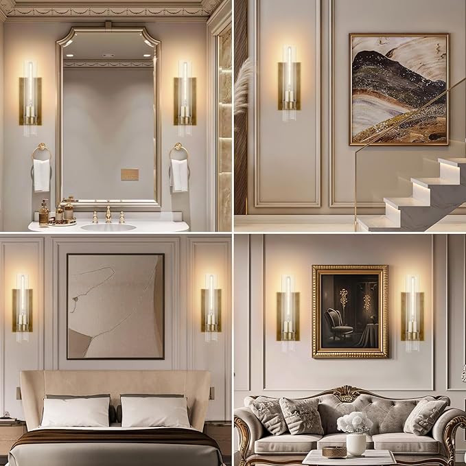 18" Wall Sconces Set of 2, Gold Bathroom Vanity Light Fixtures with Clear Glass Tube, Modern Brass Lamp Lighting for Mirror, Bedroom, Living Room, Hallway, Staircase