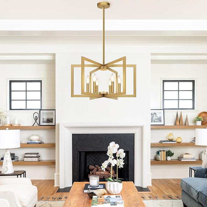 25" Modern Gold Chandelier for Dining Room, No Assembly Required Gold Dining Room Light Fixture Over Table, Industrial Metal Hanging Pendant Lights Fixture for Kitchen Island, Entryway, Foyer