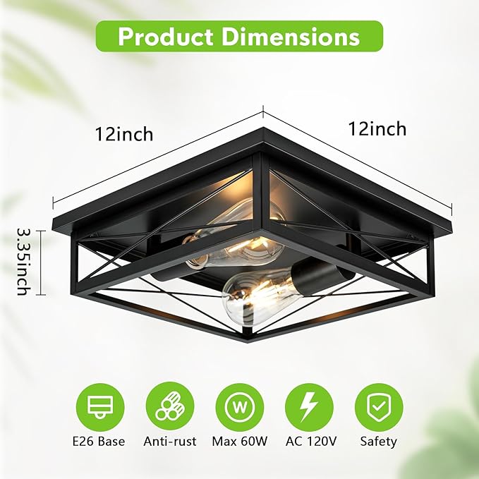 2 Pack Farmhouse Ceiling Light Fixture - 12 Inch Big Industrial Square Modern Black Flush Mount Ceiling Light for Kitchen, Hallway, Bedroom, Balcony, Porch, Stairway, E26 (Black, 12 Inch)