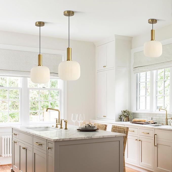 BOKT Pendant Lights Kitchen Island Brass Modern Gold Pendant Light Fixtures 7.9" Vintage Adjustable Height Hanging Lamp with Milk White Glass Shade for Entryway Dining Room Hallway