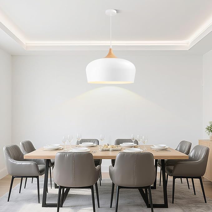 Large 13.8 in Modern Wood Pendant Light Fixtures,Adjustable White Pendant Lighting Fixture,Dome Ceiling Hanging Lights for Kitchen Island, Dining Room