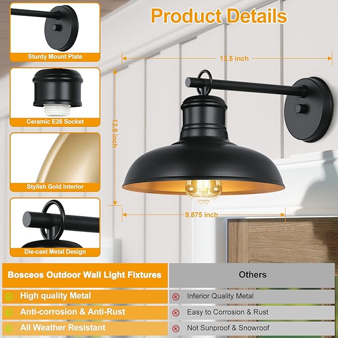 Outdoor Wall Lights, Black and Gold Indoor Outdoor Barn Lights with E26 Socket, Anti-Rust Waterproof Exterior Lighting Fixtures for House Patio Porch Doorway(2 Pack)