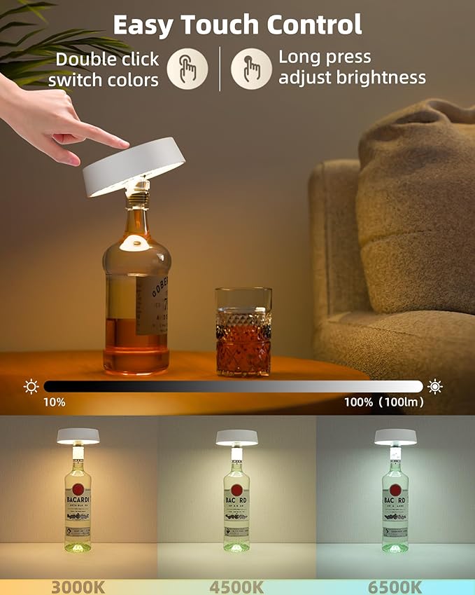Wireless Bottle Lamp Shade, Rechargeable Wine Bottle Lights for Liquor Bottles, RGB, Touch Control 3 Color Temperatures, Dimmable, Outdoor Waterproof, Restaurant & Home Bar Décor, Gift, White 1Pc